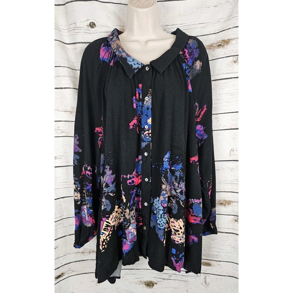 Free People Black Floral Butterflies Swing Tunic Top L Boho Whimsical Mini Dress